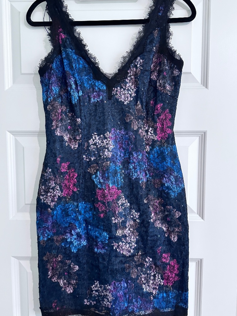 Adrianna Papell Mini Dress Size 4 Black Floral Eyelash Lace Sequin Formal Sheath